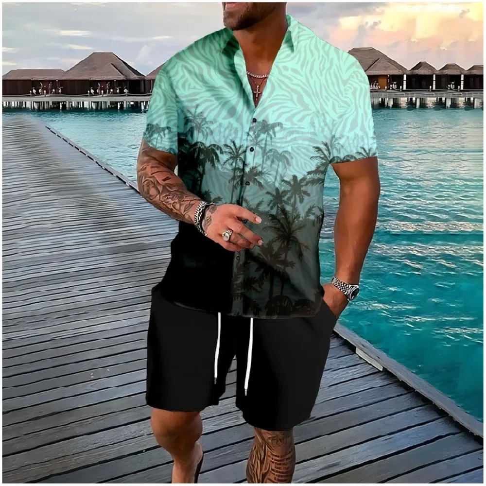 Hawaii Palme Knopf Hemden Shorts Trainings anzüge Sommer Strand 2 Stück Sets coole Hipster Streetwear lässige Männer Kleidung