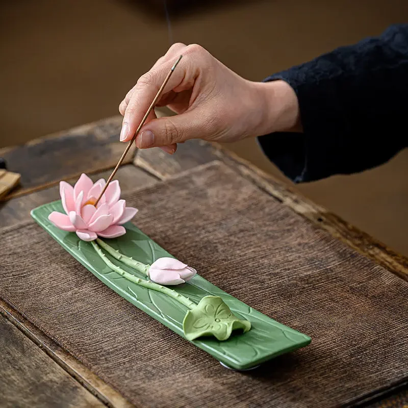 Handmade Lotus Incense Holder Zen Aroma Burner with Tray Home Tea Room Decor Ornament