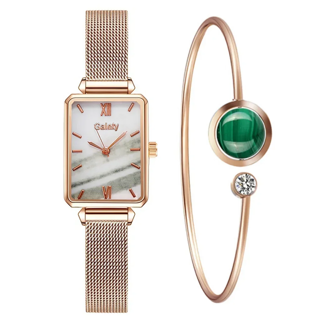 Montre à Quartz de Luxe pour Femme, Ensemble de 2 Pièces, Bracelet, Cadran Vert, Simple, Or Rose, Maille, Livraison Directe