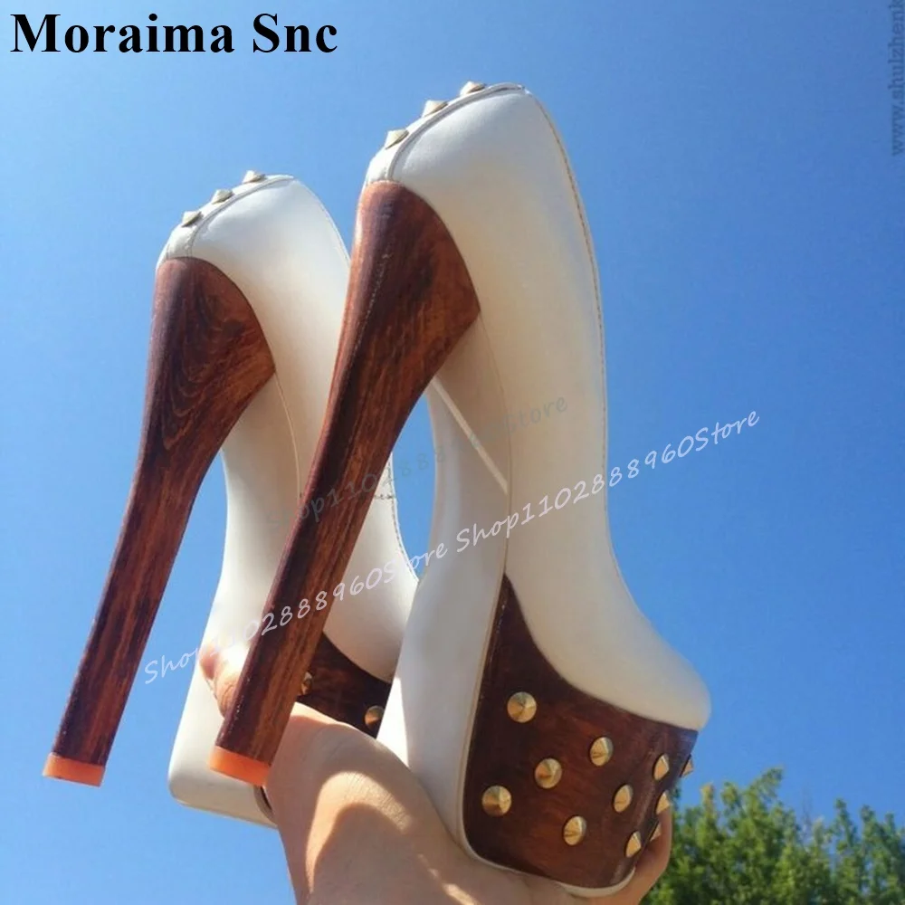 

Trending White Platform Leathers Rivet Pumps Stilettos High Heel Shoes For Women Slip On Round Toe 2025 Zapatos Para Mujere