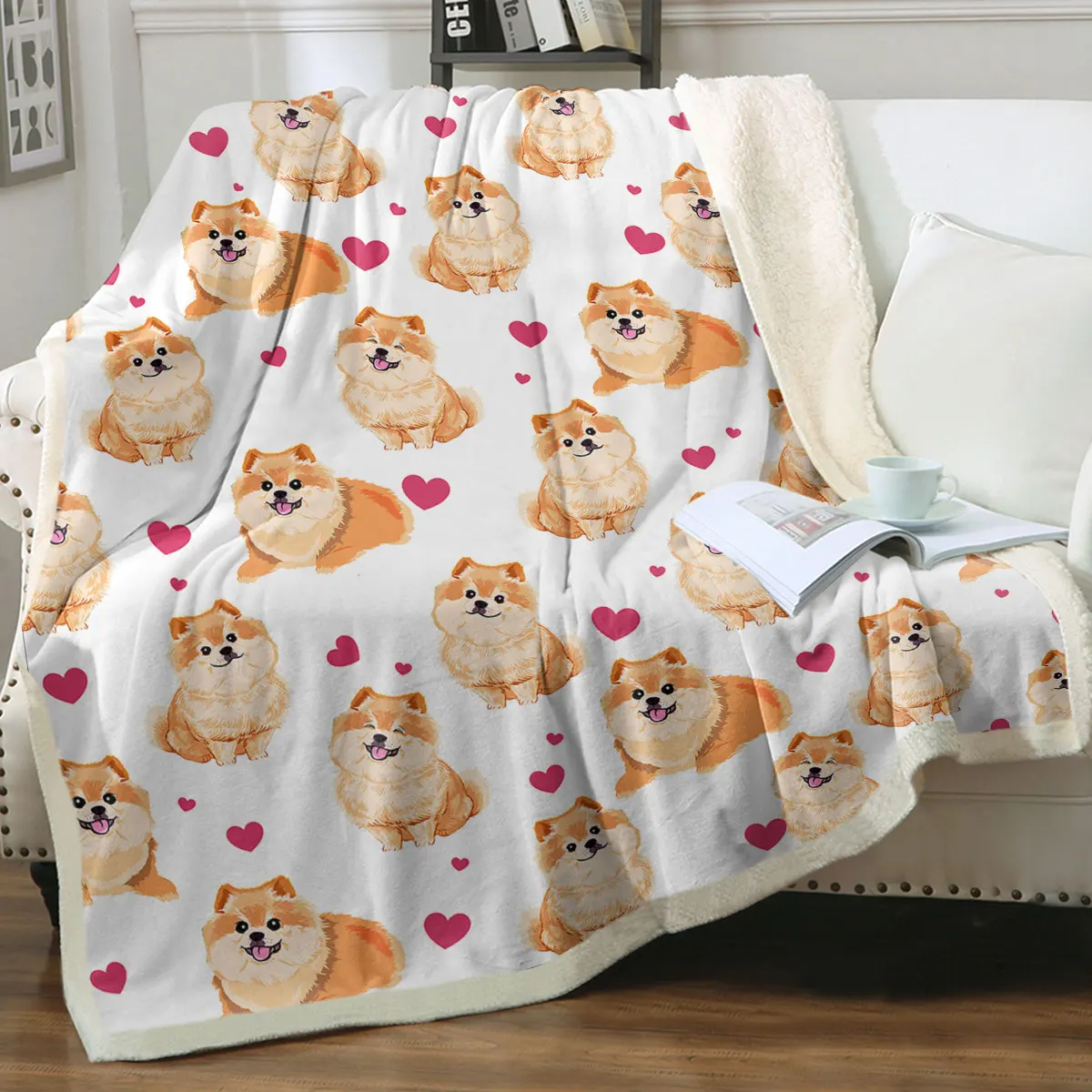 Coperta da tiro Pomeranian coperta stampata per cani Pomeranian simpatico cartone animato coperta Sherpa Super morbida per divano letto