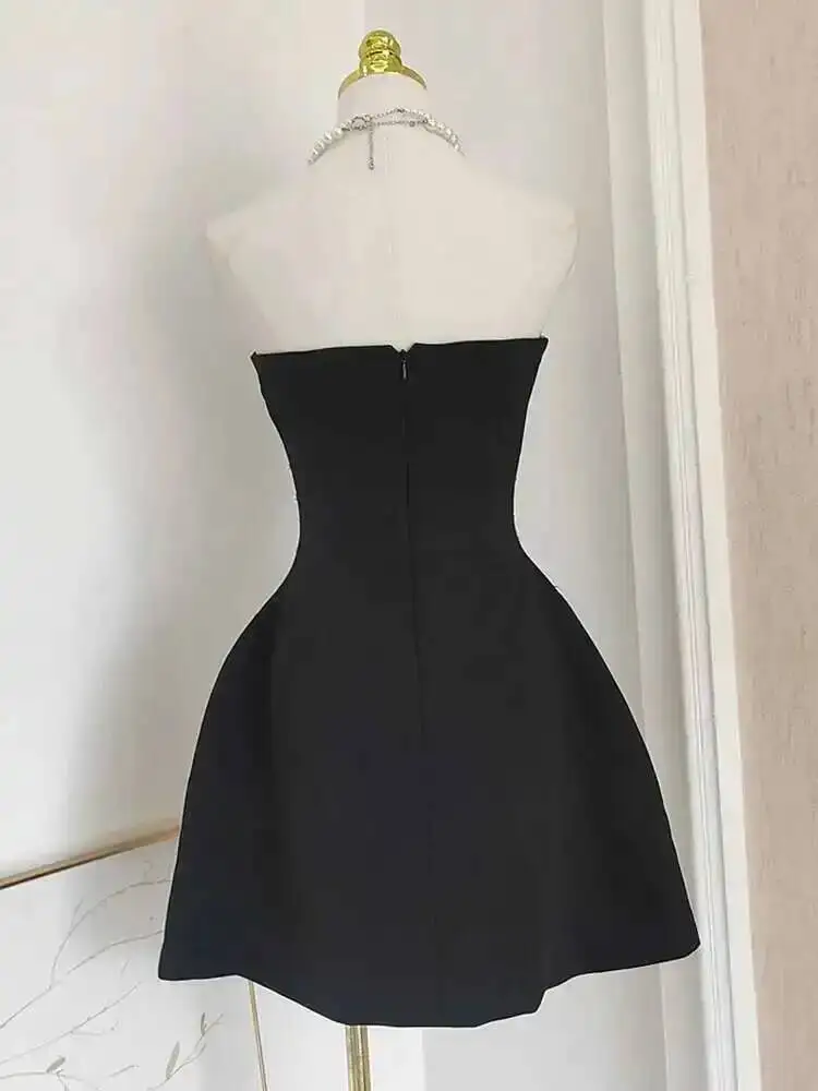 French Style Diamond Spliced Party Mini Dresses For Women Slash Neck Sleeveless High Waist Black Female Dress 2025 Tops KP98