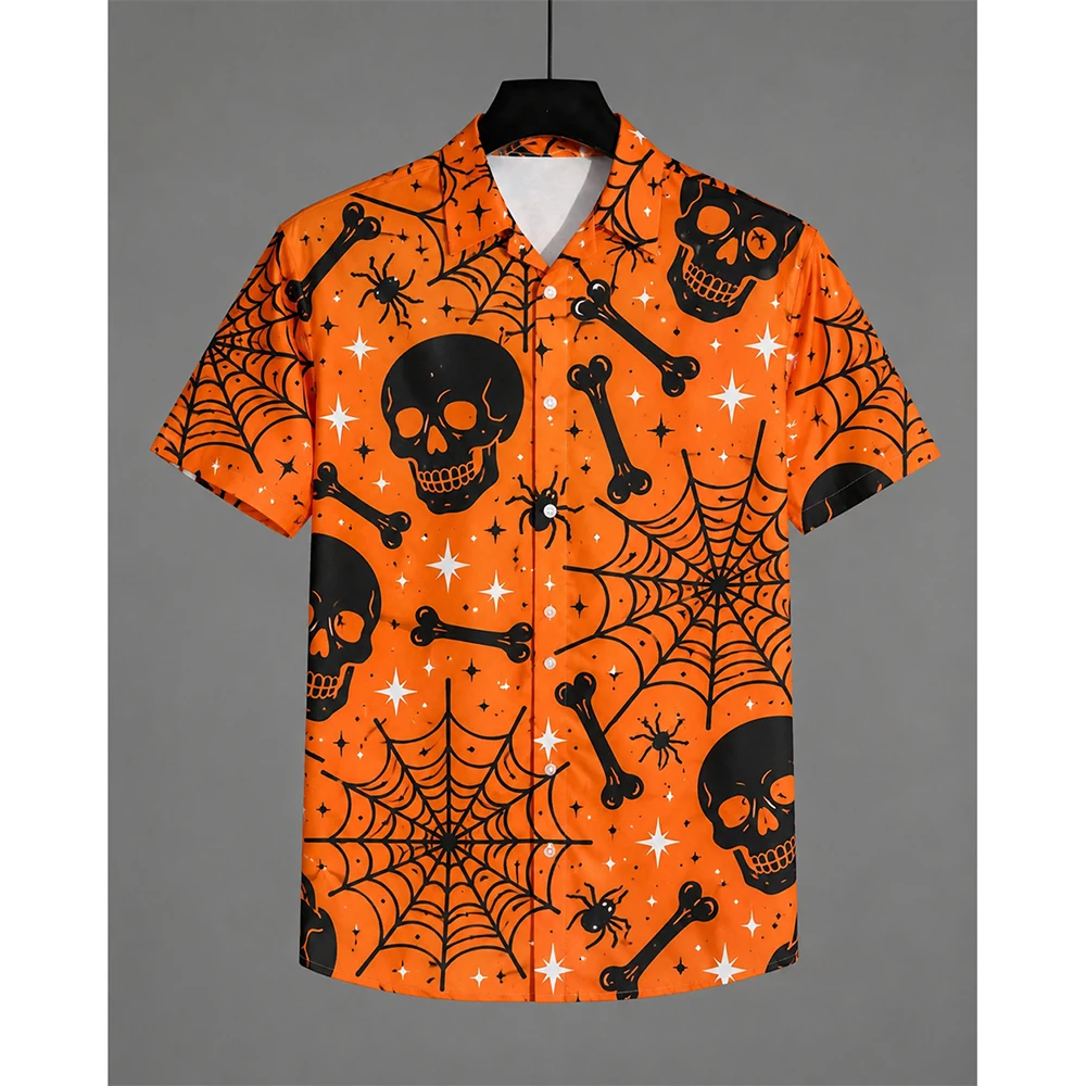 Halloween Skull Spider Web Shirt For Men 3D Print Bone Short Sleeve Shirt Scary Horror Halloween Party Costume Streetwear Tee
