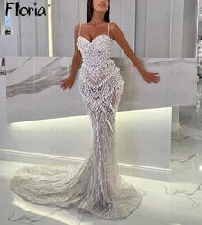 Pearls 2023 Party Dress Illusion Long Mermaid Train Celebrity Prom Dresses Dubai Luxury Vestido De Noiva Custom Made Formal Gown