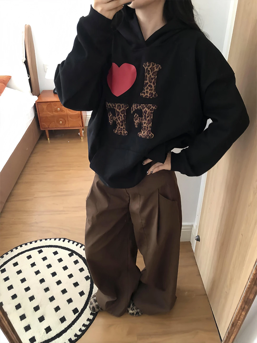 Retro American Leopard Print Heart Pattern Hoodie Women's Loose Casual All-Match Autumn Winter Outerwear Trendy Street Style