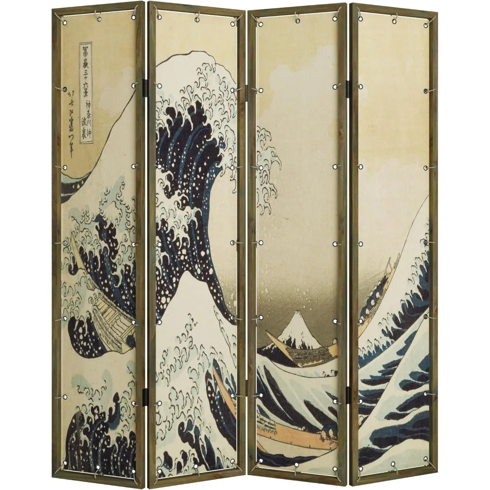 Room Divider 4 - Panel Folding Room Divider Single Side Japanese Ukiyoe Painting Wood Privacy Screens Foldable Portable Room Sep