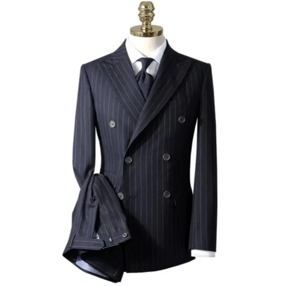 

Chalk Stripe Men Suits For Wedding Groom Prom Daily Wear Double Breasted Terno Masculino Costume Homme Blazer 2 Pcs Jacket Pant