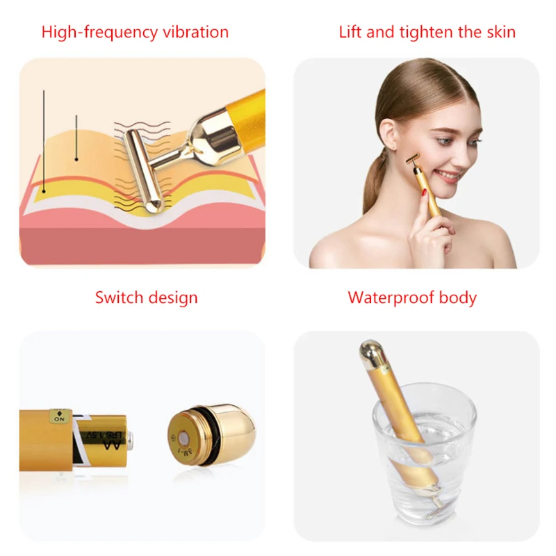 Multi-Function Beauty Care อุปกรณ์นวดหน้า Stick Roller T-Shape Golden Energy Bar เครื่องนวดสั่นสําหรับเครื่องมือความงาม