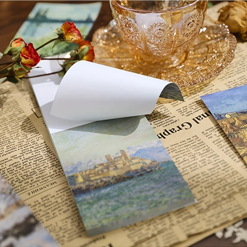 1pc/90 Sheets Oil painting style inviscid material paper retro material paper message book Note paper DIY Junk Journal Supplies