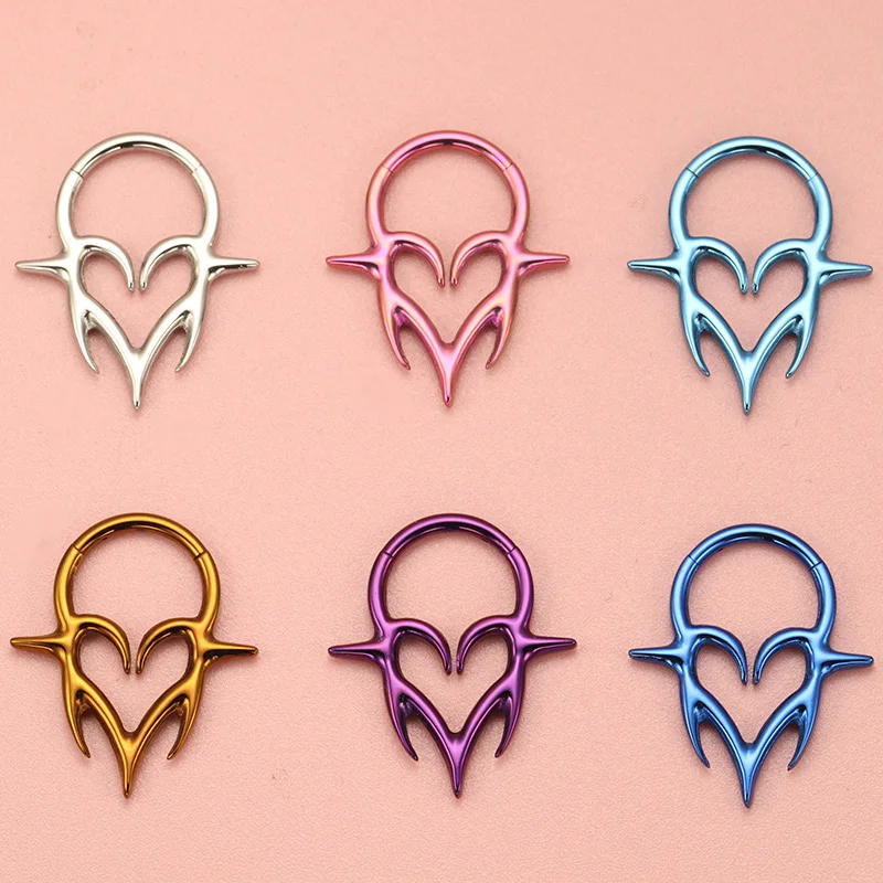 ASTM F136 TItanium Tribal Fangs Hinged Clicker SEG Septum Piercing Heart Totem Errings Forward Helix Anodized Punk Body Jewelry