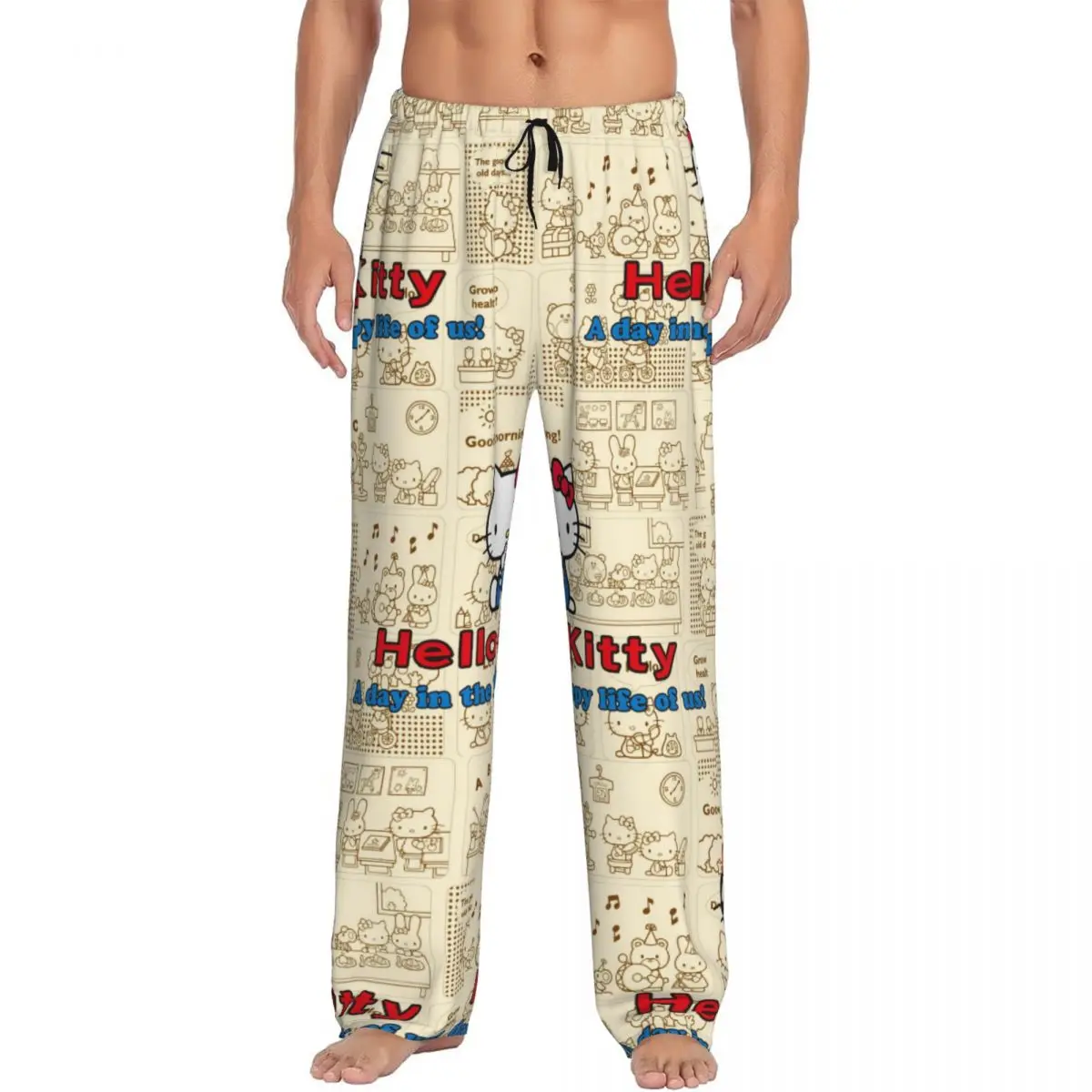 Custom Mannen Cartoon Anime Hello Kitty Strik Pyjama Broek Print Slaap Nachtkleding Broek Met Zakken