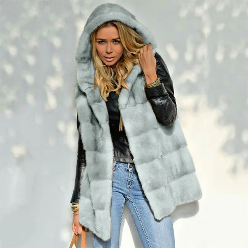 New Mid-Long Autumn Winter Solid Loose Plush Vest Faux Fur Vest