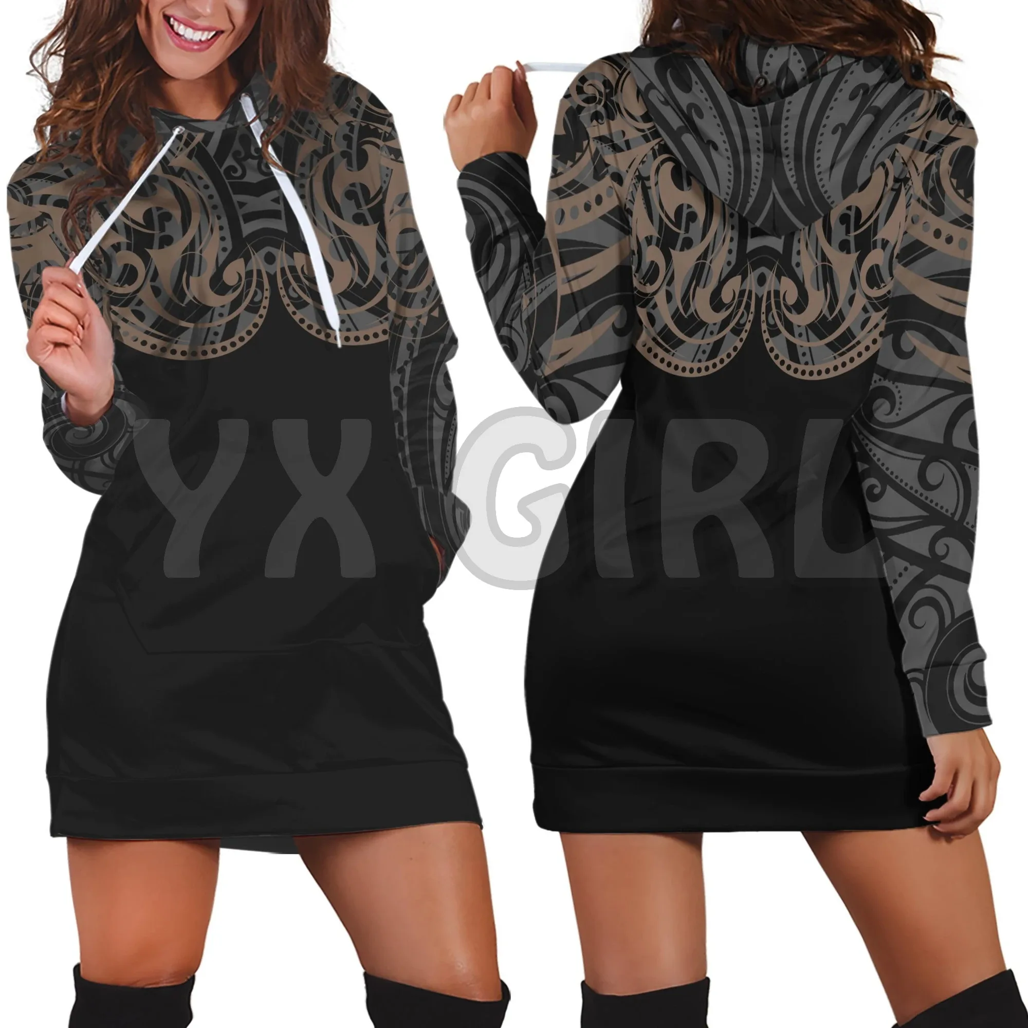 YX GIRL Scotland Hoodie Dress Wave 3D Printed Hoodie Dress Novelty Hoodies Women Casual Long Sleeve Hooded Pullover Tracksuit