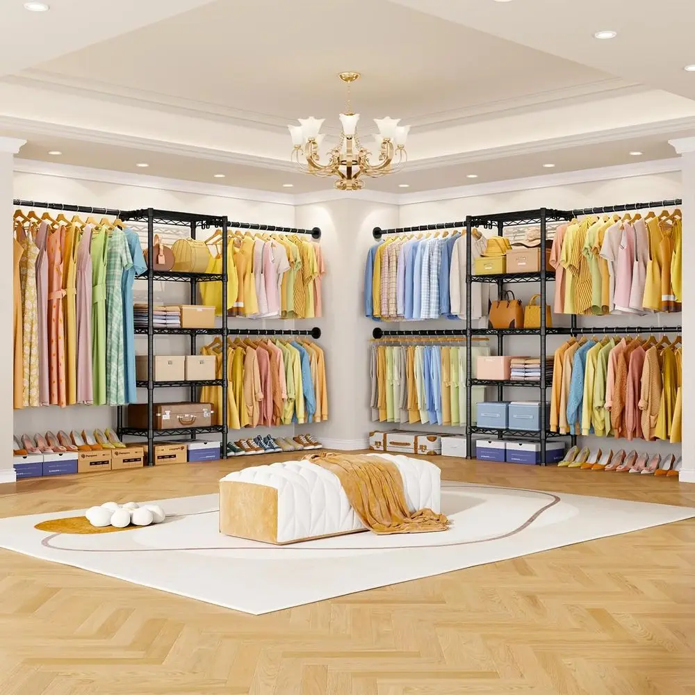 نظام خزانة مثبت على الحائط باللون الأسود مع 4 قضبان شماعات و5 أرفف، منظم ملابس قابل للتعديل (70.8-102.3 لتر × 14.5 عمق × 71.2 ارتفاع)