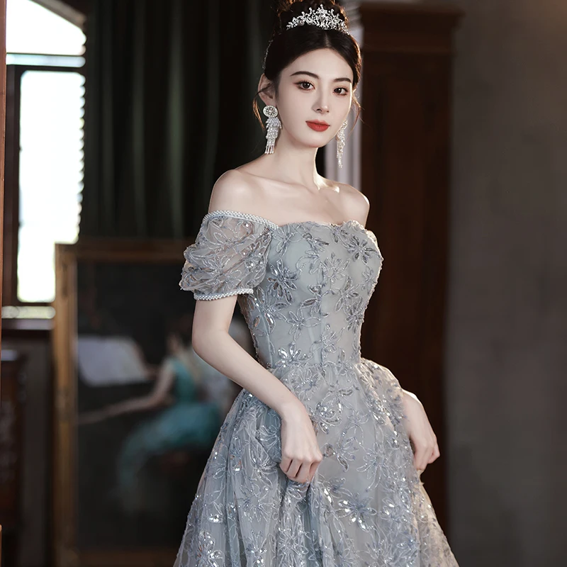 Gray Prom Dresses Long Elegant Square Neck Floor-Length Lace Women Formal Gowns For Wedding Party