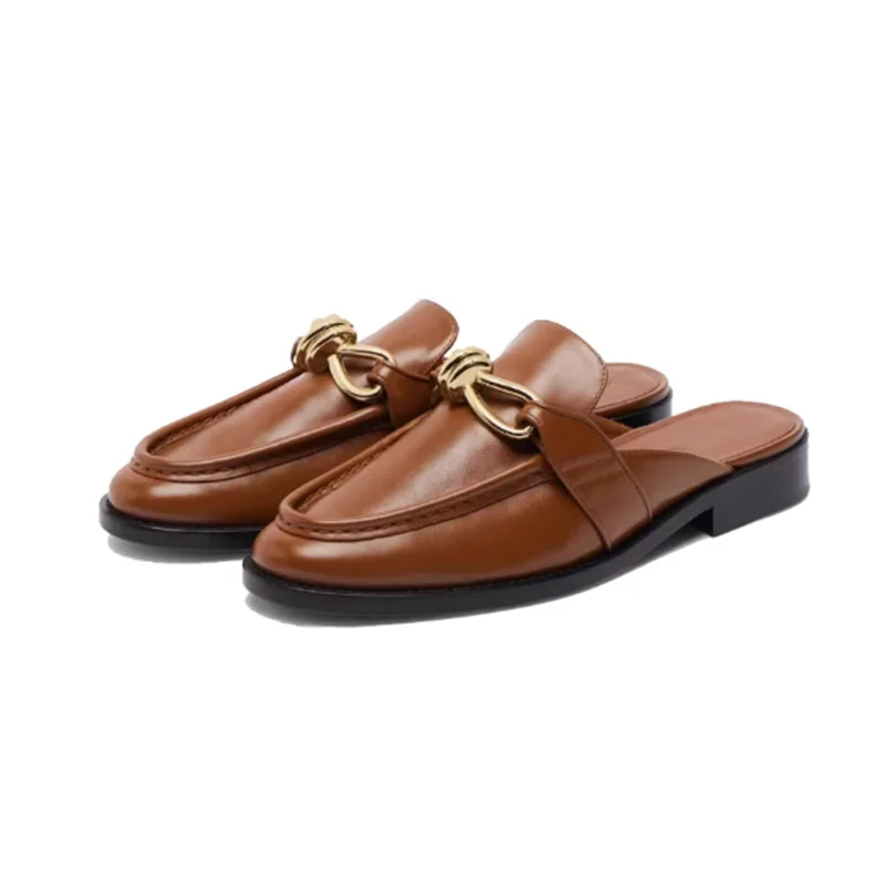 

Женские полутапочки с металлической пряжкой, ретро-модель из натуральной кожи, удобные мюли на плоской подошве, дизайнерская обувь для мужчин и женщин