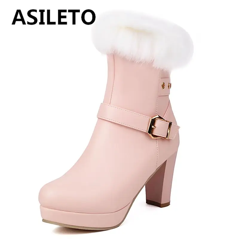 ASILETO Rabbit Fur Winter Ankle Boots Round Toe Chunky Heels 8cm Platform 2cm Zipper Belt Buckle Big Size 46 47 48 Dating Bota