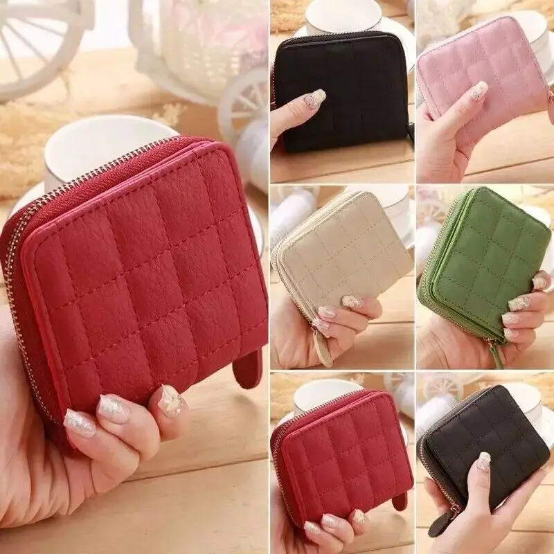 Soft Leather Short Multi-card Slots Zipper Buckle Square 2 Fold Sewing Thread Pattern Wallet Cute Student Sweet Women Coin Purse