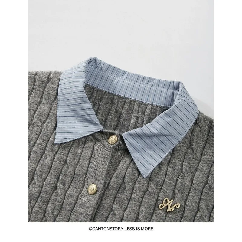 Поддельный двухсекционный свитер с длинными рукавами и воротником-поло для женщин, осенне-зимний простой короткий универсальный топ в студенческом стиле