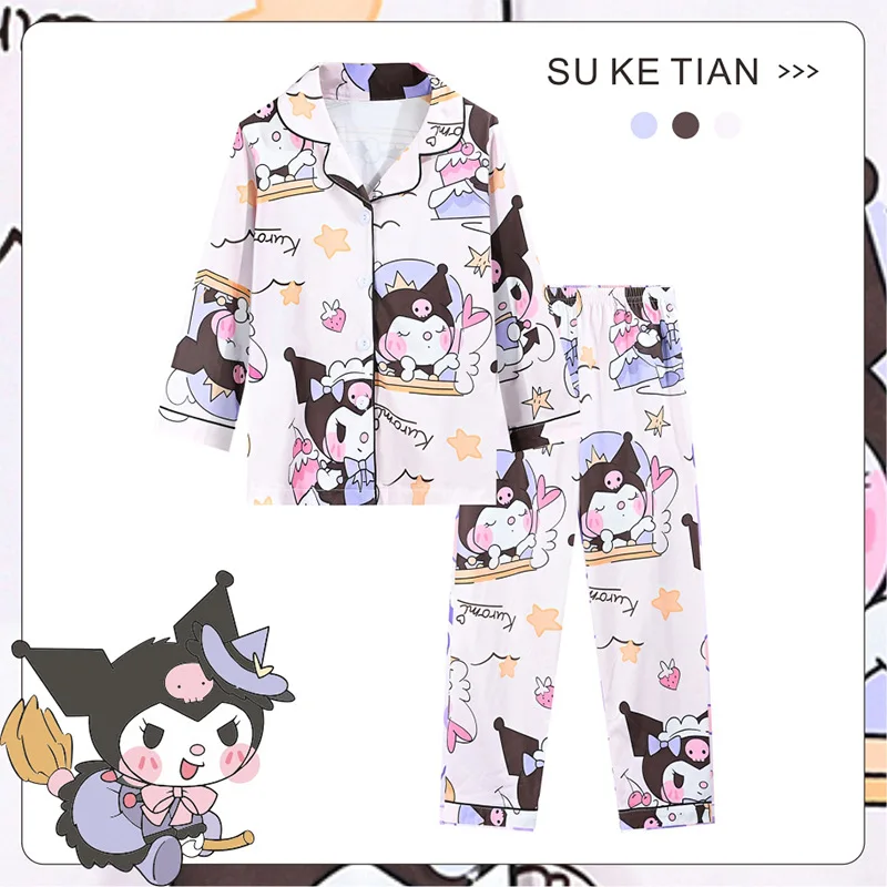 Kawaii Kuromi Cinnamoroll Kids Pajamas Anime Sanrios Melody Summer Girls Boy Thin Flip Collar Long Sleeve Pants Cartoon Homewear