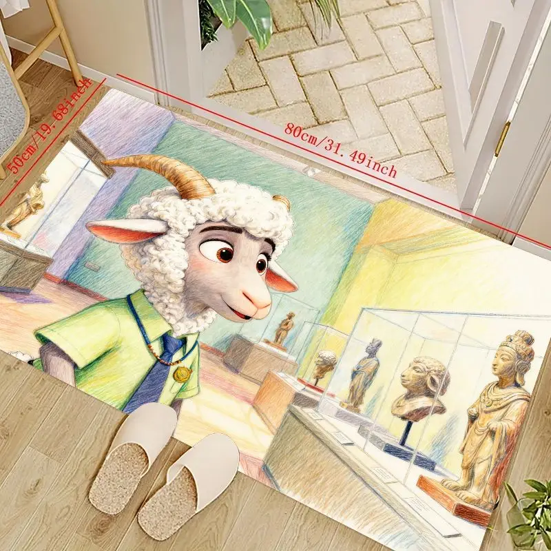 

1PC Adorable Cartoon Ram Animal Character Floor Mat, Anime Style Museum Gallery Scene with Ancient Artifacts Area Rug for Living