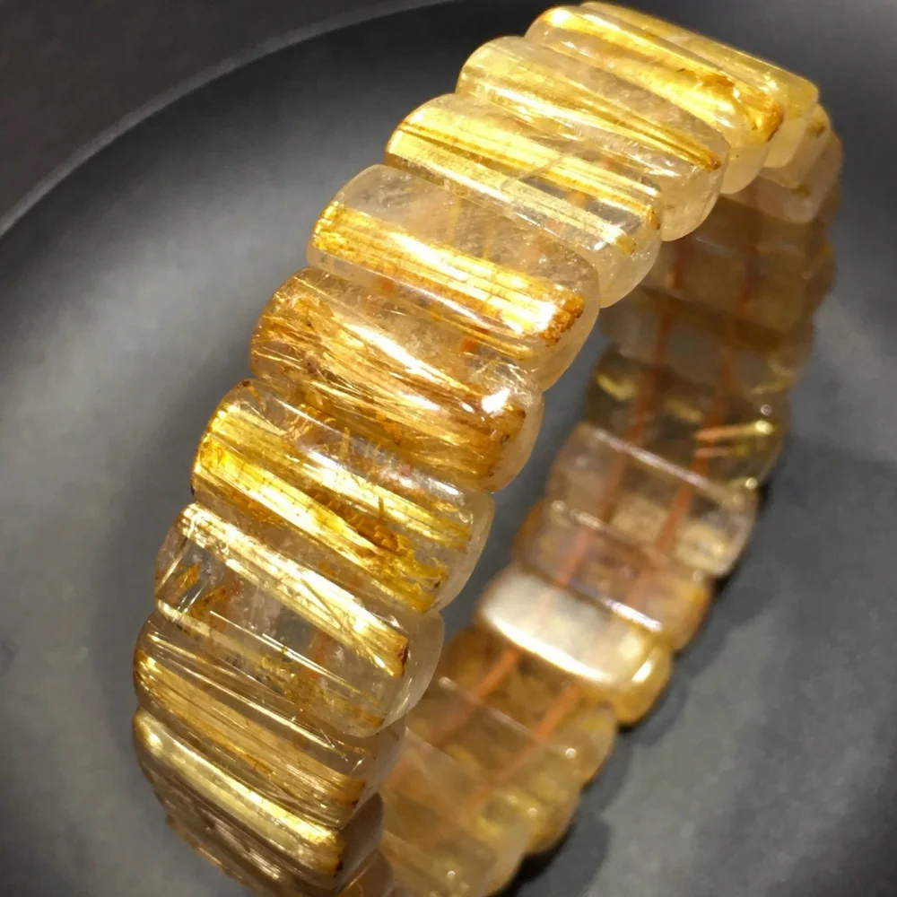 16*5.8mm Natural Golden Rutilated Quartz Bangle Women Fashion Charm Crystal Healing Energy Gemstone Yoga Jewelry 1PCS