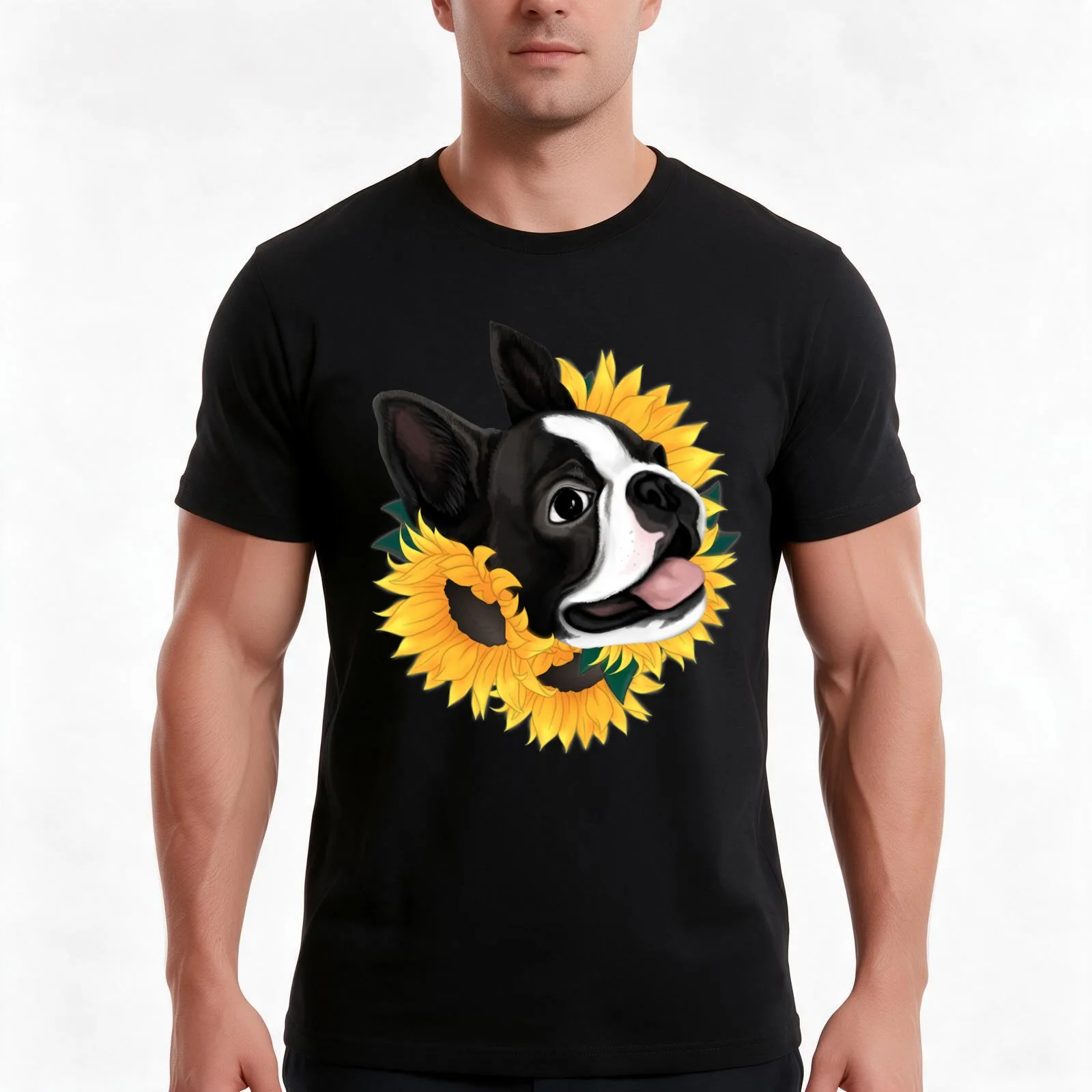 Boston Terrier Sunflower T-Shirt, Summer Casual Cotton Tee, Oversized Streetwear Tops, Vintage Graphic Print, Unisex Men Women