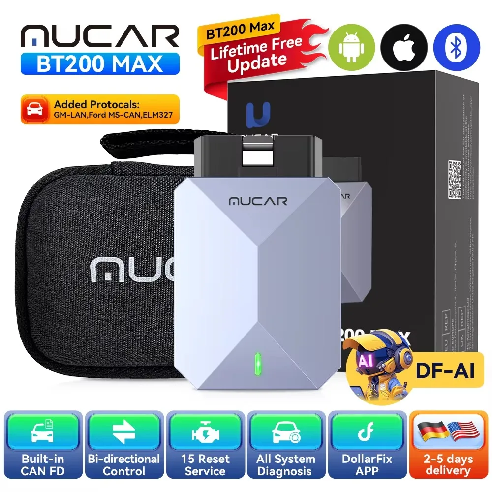 Ranlraka MUCAR BT200 MAX AI Diagnostic CANFD ELM327 Protocol Full System OBD2 Scanner 15 Reset Lifetime Free Update Car Scan