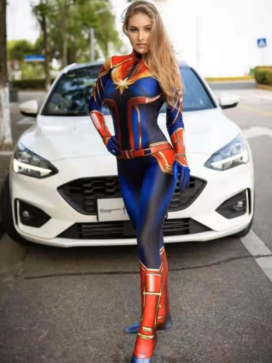 زي كابتن مارفل للبالغين لعيد الهالوين، ملابس ضيقة للنساء بتصميم الأبطال الخارقين، مصنوعة من ألياف مرنة ثلاثية الأسيتات، زي مسرحي