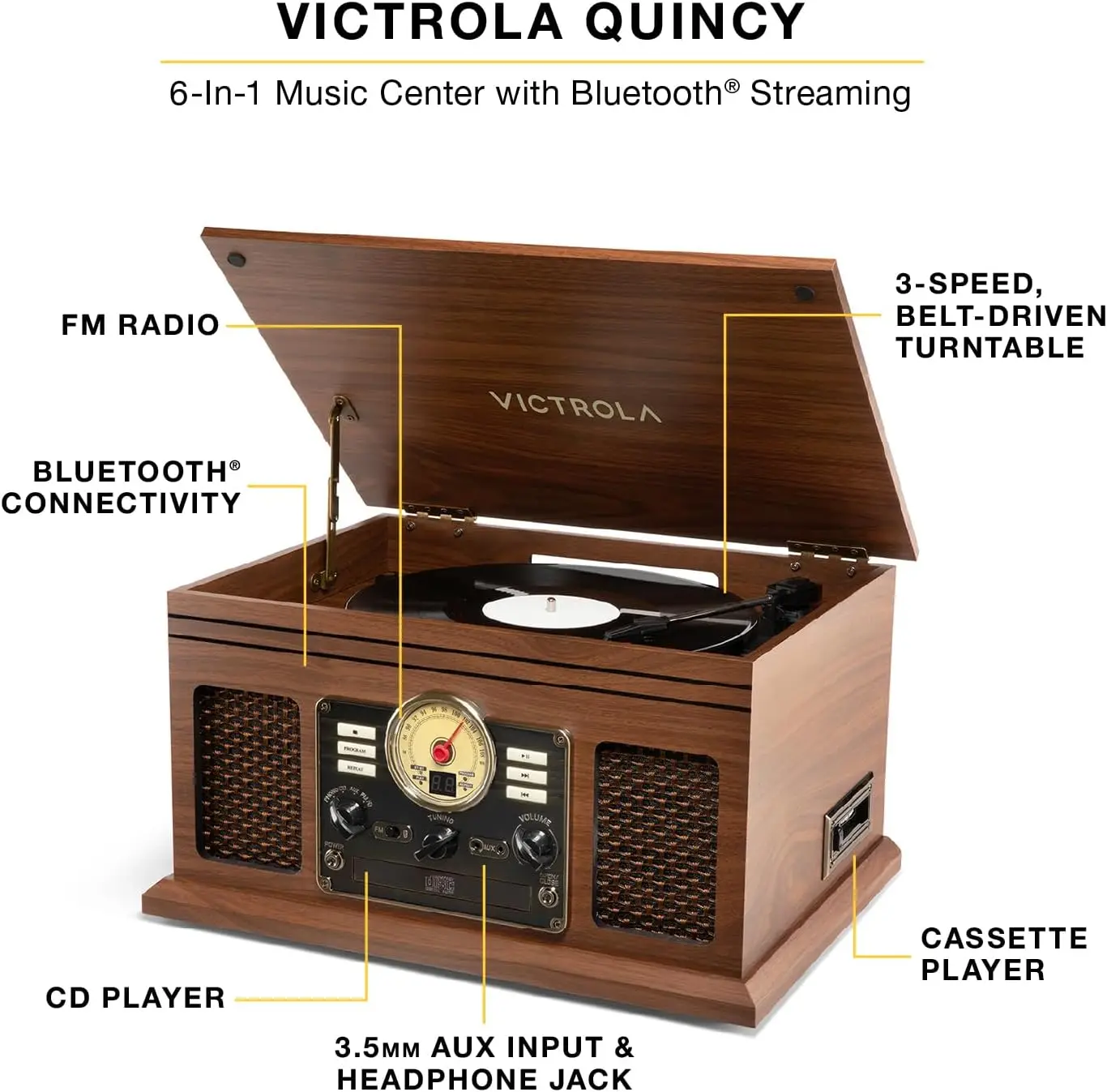 6 In 1 Bluetooth Record Player Walnut Plays Vinyl Cd Cassette Fm Radio Built Stereo Speakers Bluetooth Aux Streaming Headphone J