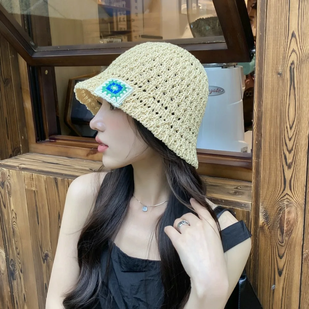 Breathable Sun Hats Cartoon Woven Knitted Sunshade Hat Literary Style Sun Protection Beach Hat Outdoor