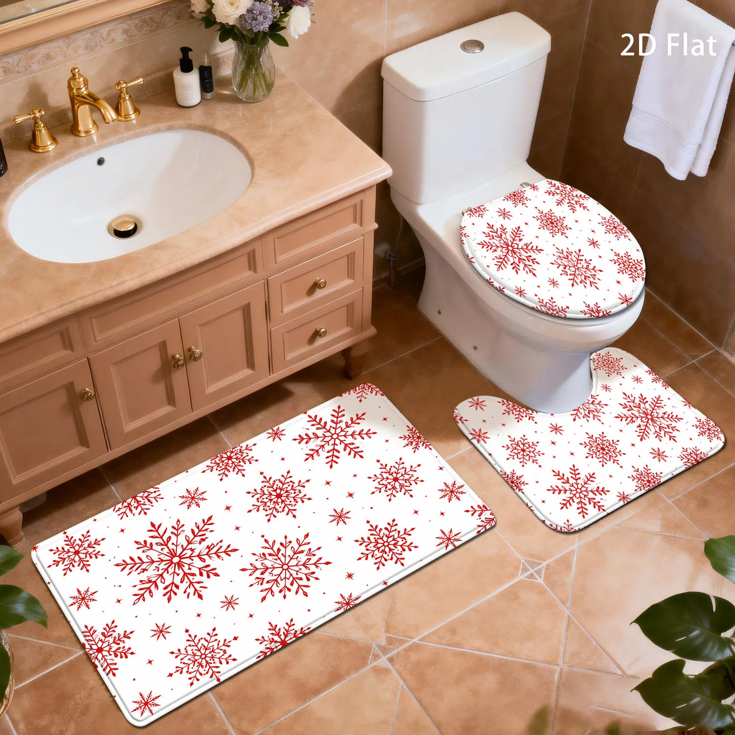 2D Flat Red Snowflake Christmas Bathroom Mat Set, 3pcs, Winter Snow Holiday Decor for Bathroom