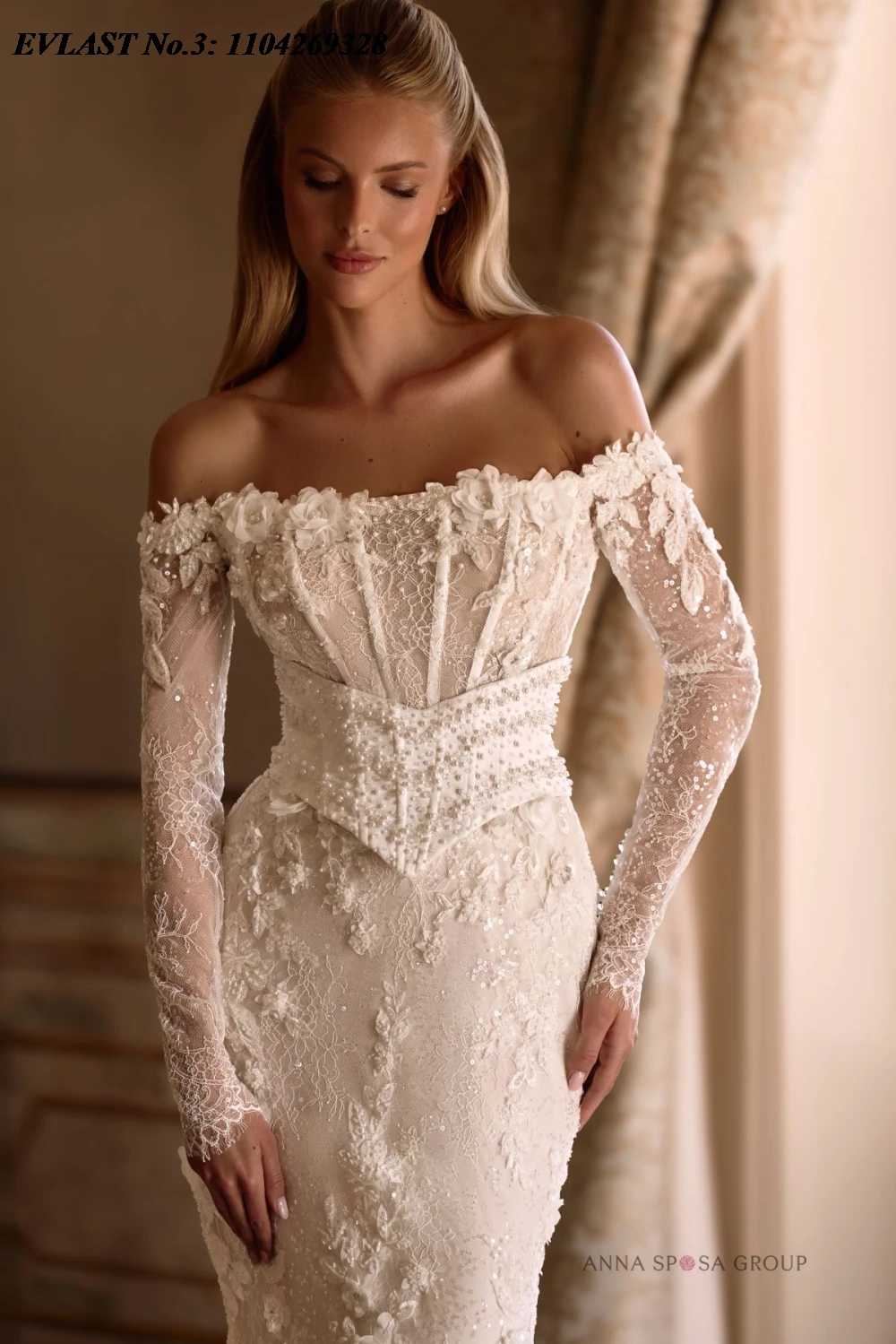 EVLAST مخصص خمر حورية البحر فستان الزفاف كم طويل الدانتيل زين الديكور مثير فستان زفاف Vestidos De Novia E3W74