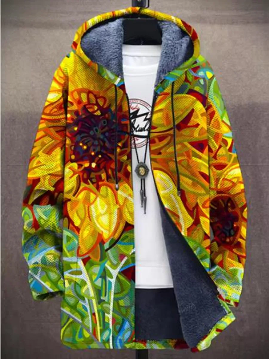 Jaket Hoodie Pria Musim Dingin Multi Warna Pola Gelombang Cetak 3D Bulu Tebal Berbahan Plush dengan Ritsleting Model Cape Netral Hangat untuk Jalan-Jalan Q0369