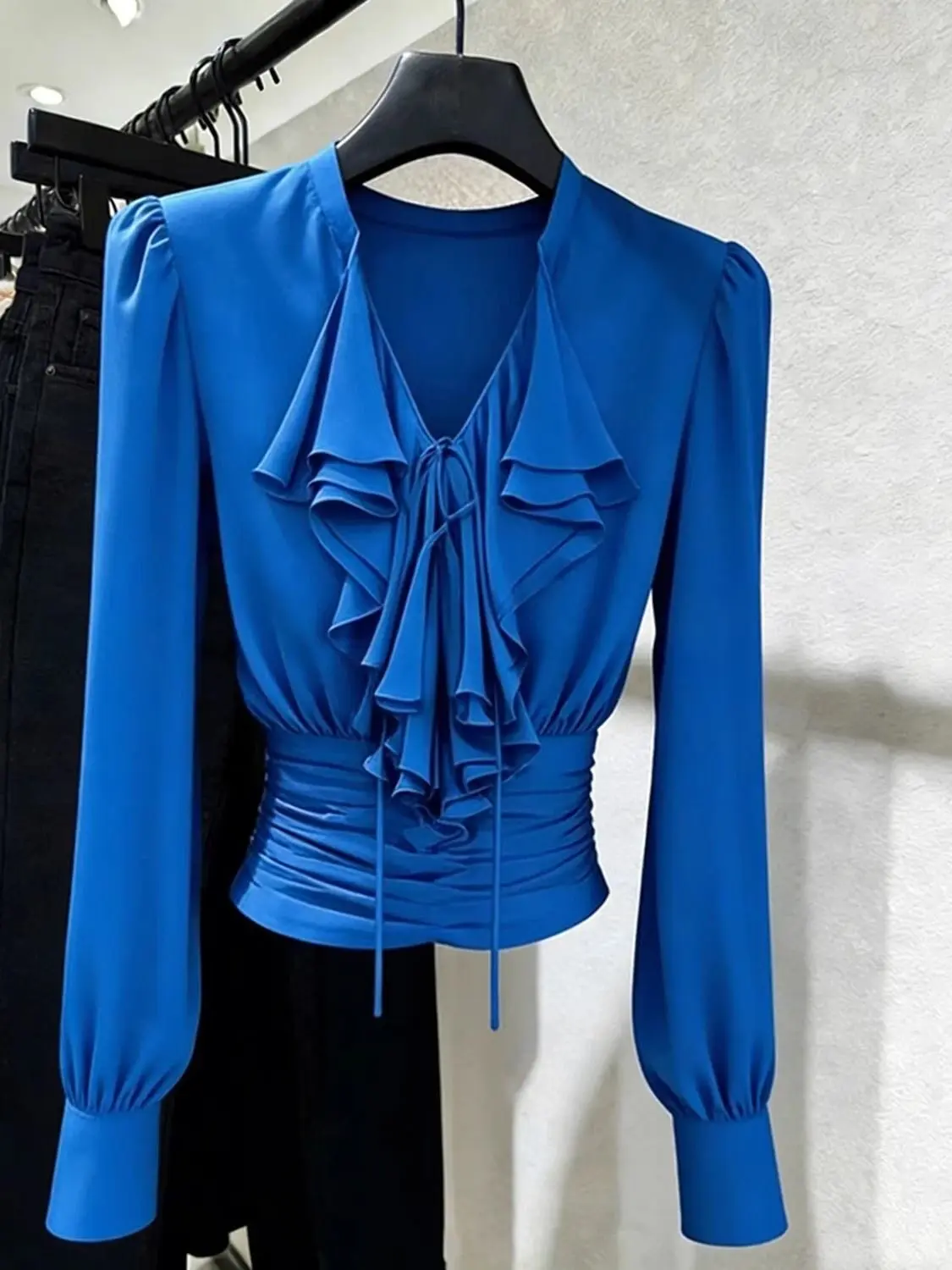 Royal Blue Ruffle V-Neck Ruched Waist Blouse | Long Sleeve Puff Shoulder Tie Front Top Elegant Office Wear Satin Shirt for Women