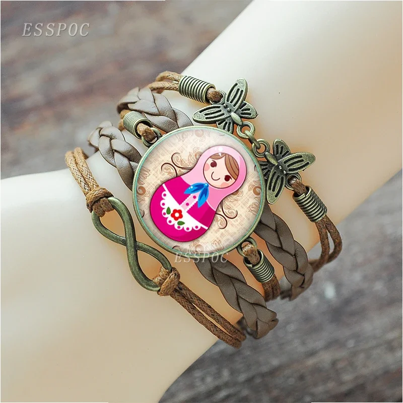 Brown Color Russian Matryoshka Babushka Nesting Dolls Picture Glass Cabochon Leather Charm Bracelet Bangle for Girls