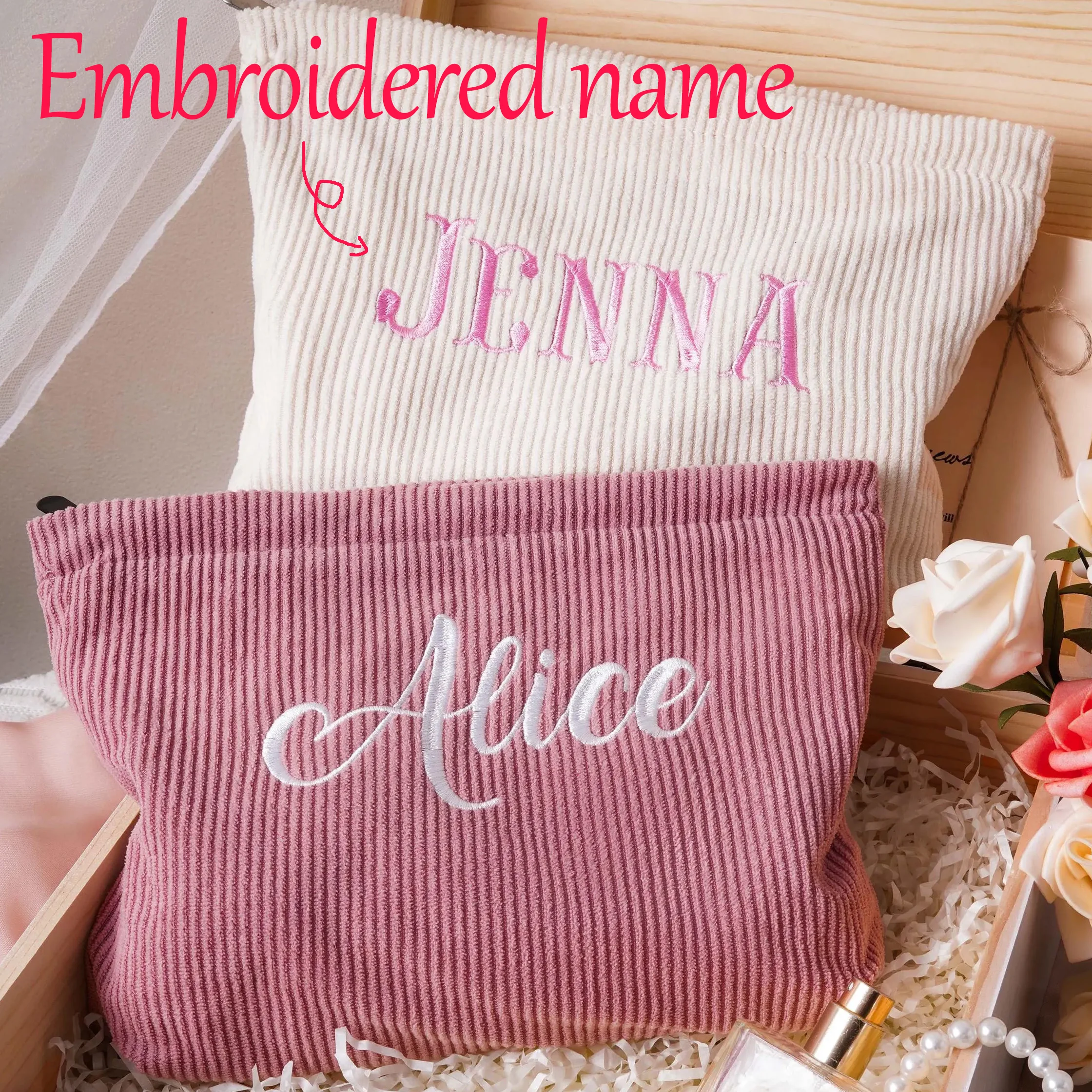 Personalized Text Corduroy Makeup Bag Embroidered Name Cosmetic Pouch Custom Bridesmaid Gift Bag Cute Cosmetic Gift for Her