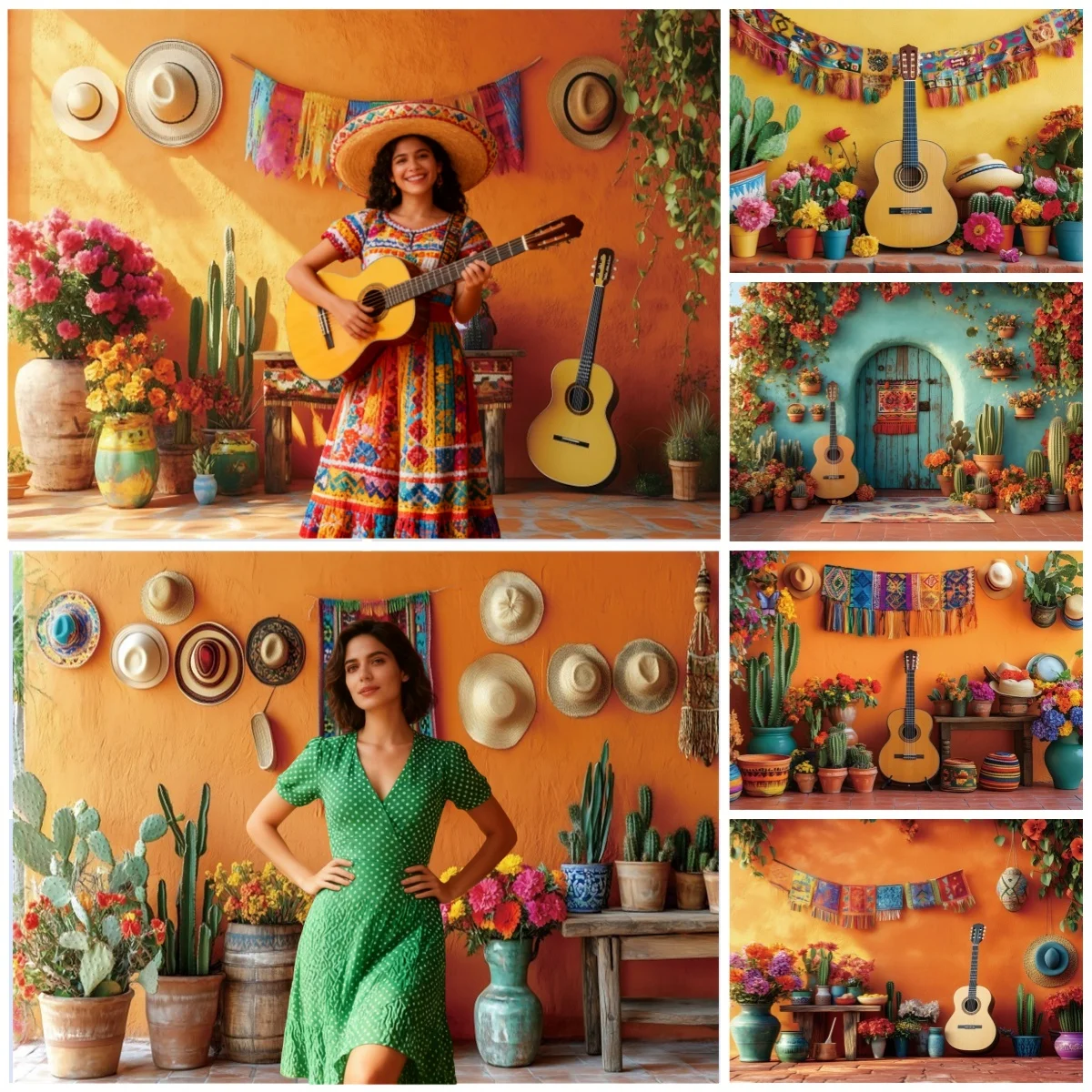 Mexican Style Backdrop Colorful Flags Guitar Cactus Floral Orange Background For Photography Studio Fiesta Party Decorations