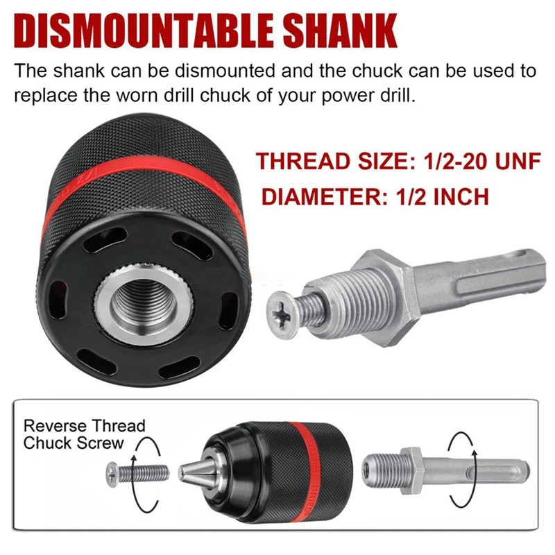 AC88 Metal Heavy Duty 13mm Keyless Drill Chuck, Hex Shank/SDS/Socket Square Female Adaptor, Drill Bit Extension for Impact