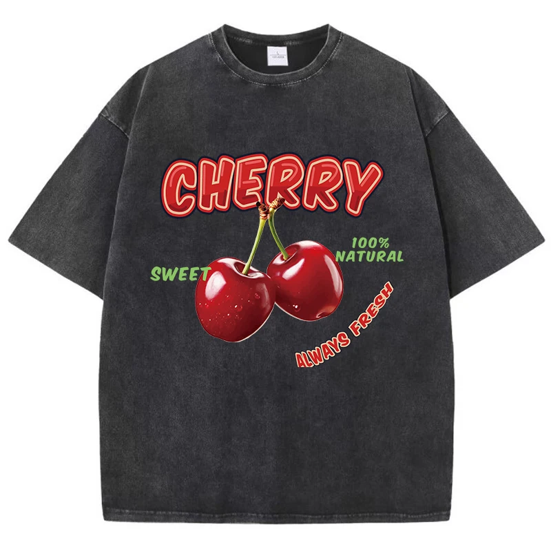 Street Woman Washed T-Shirts Sweet Cherry Aways Fresh Print Short Sleeve Comfortable Cotton Oversize Tops Summer Female Clothes