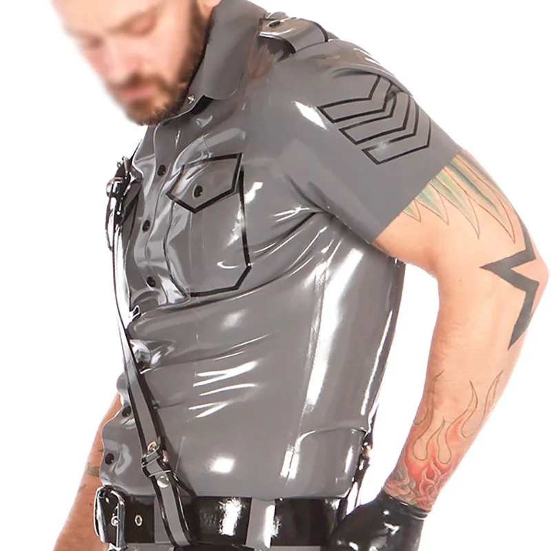 Gray And Black Sexy Latex Military Unifrom Jacket With Buttons At Front Pockets Trims Turn Down Collar Rubber Coat YF-0197