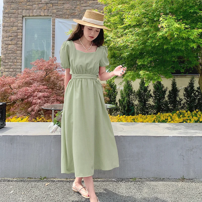 

Hepburn Style Green Dresses Women Summer Hollow Out Waist Sexy Clothing Slim Purple Square Collar Puff Sleeves Commuter Dopamine