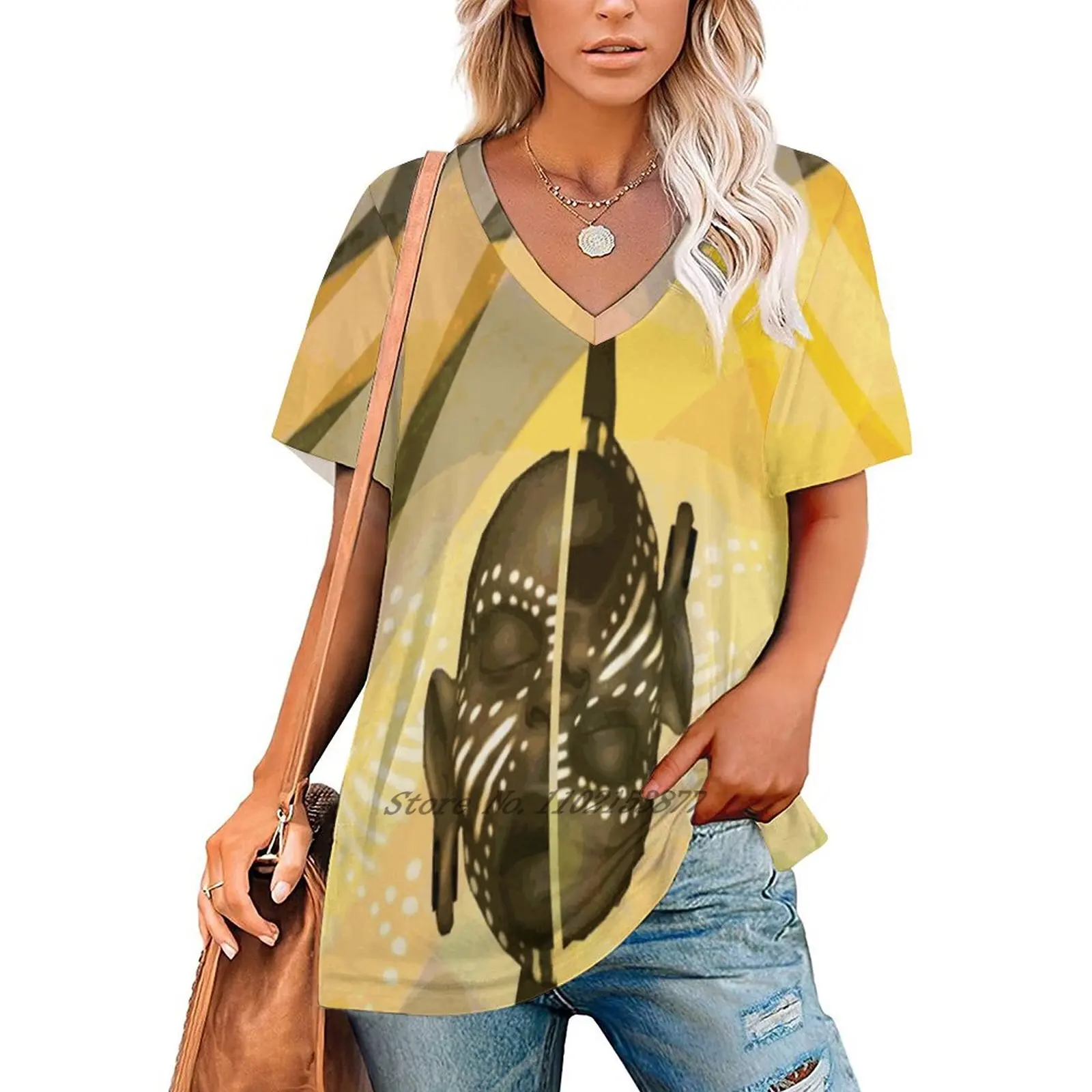 African Inspired Print Women's T-Shirt Casual Short Sleeved Tops V-Neck Zipper Tee Ladies Loose T Shirts Africa Nature Heritage