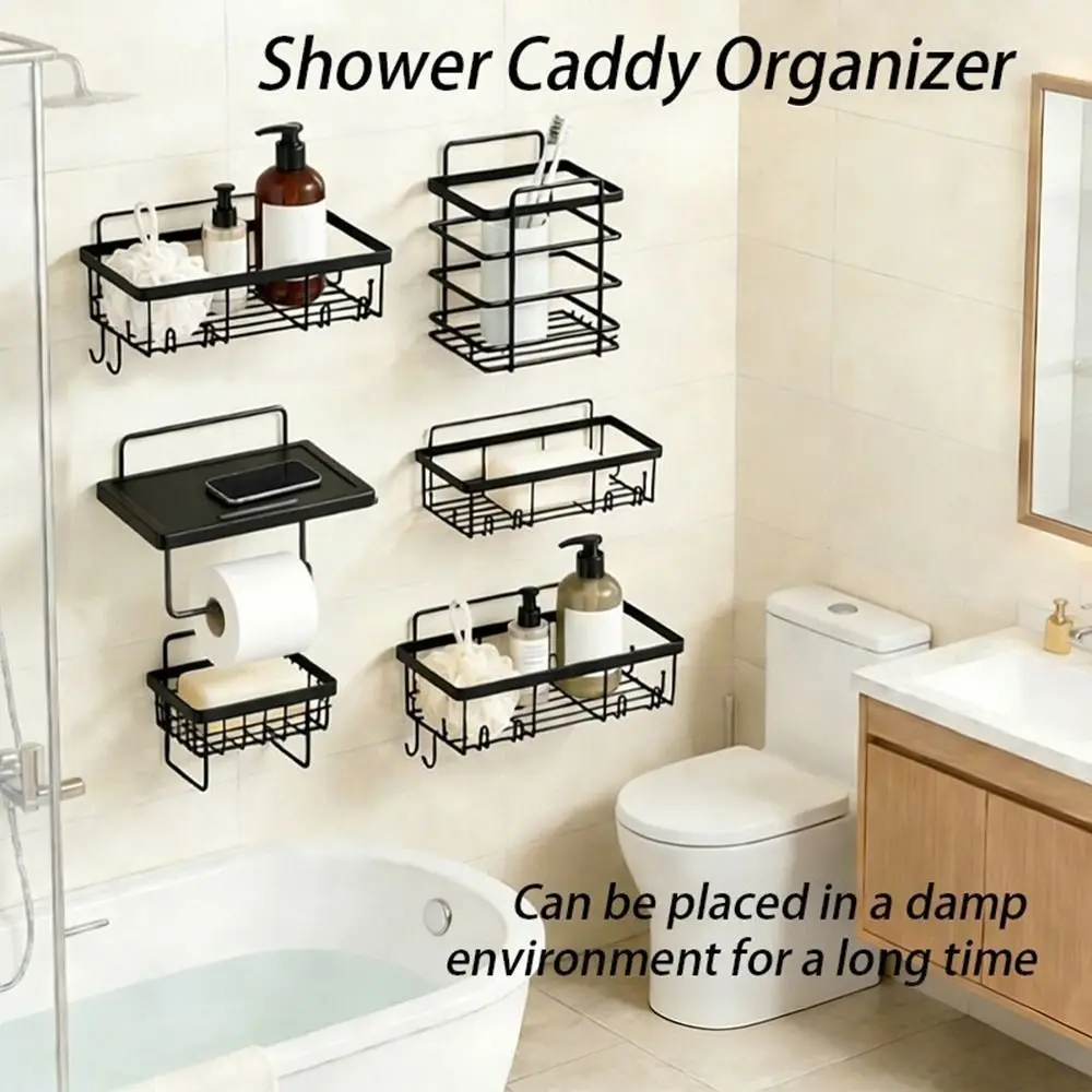 Portable Metal Bathroom Shelf Removable Adhesive Wall Mounted Shelf Drain Space Saving Cosmetic Organizer Holder Shower Area