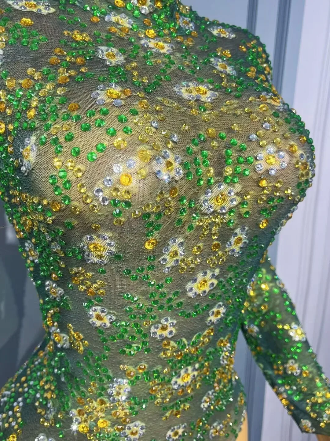 Seksowny, błyszczący strój sceniczny, ręcznie robiony kombinezon z siateczki i dżetów, damski kostium na wesele, urodziny, pokaz mody, występ.