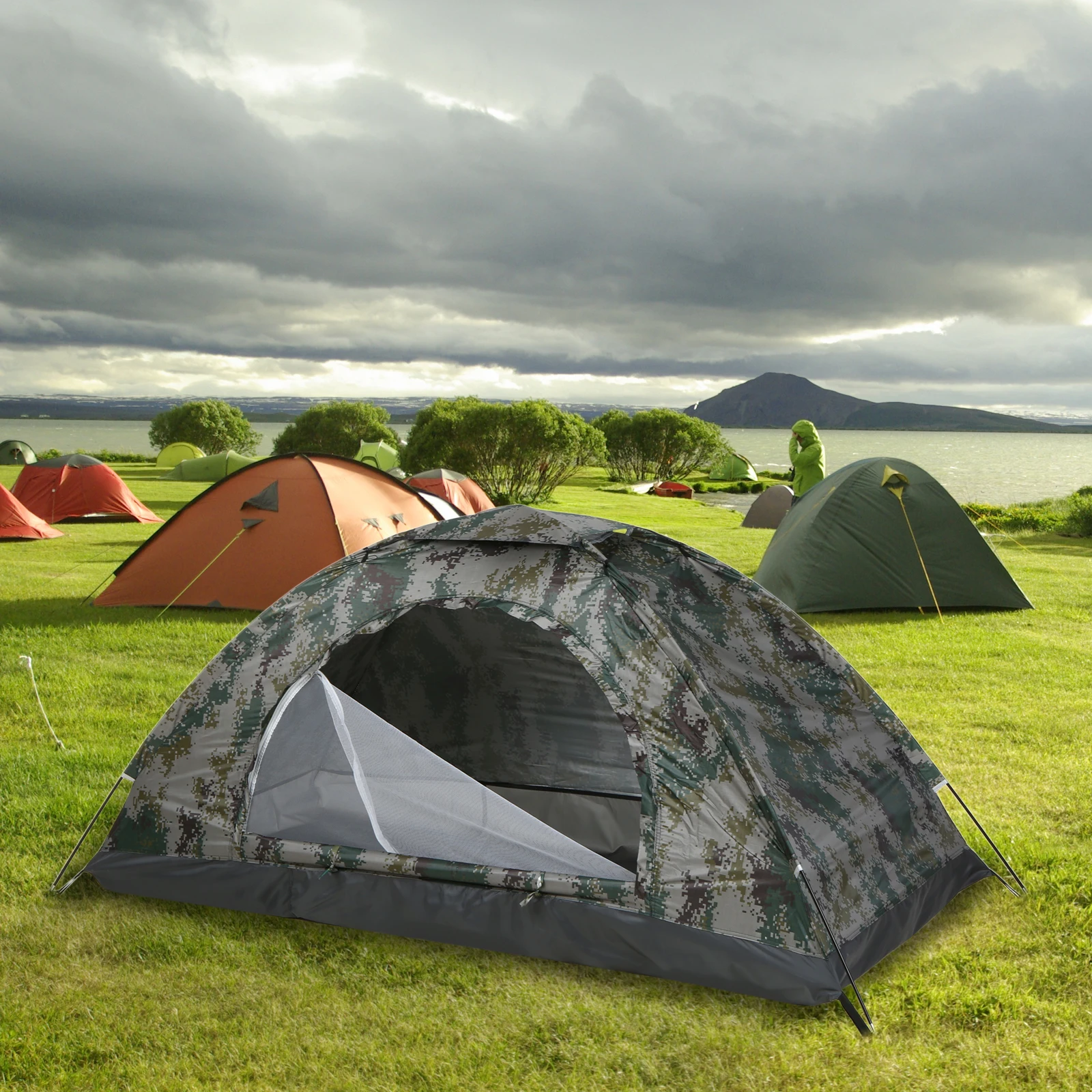 Ultralight Camping Tent Single Layer Portable Camouflage Tent Anti-UV Coating UPF 30+ for Hiking Outdoor Beach Fishing