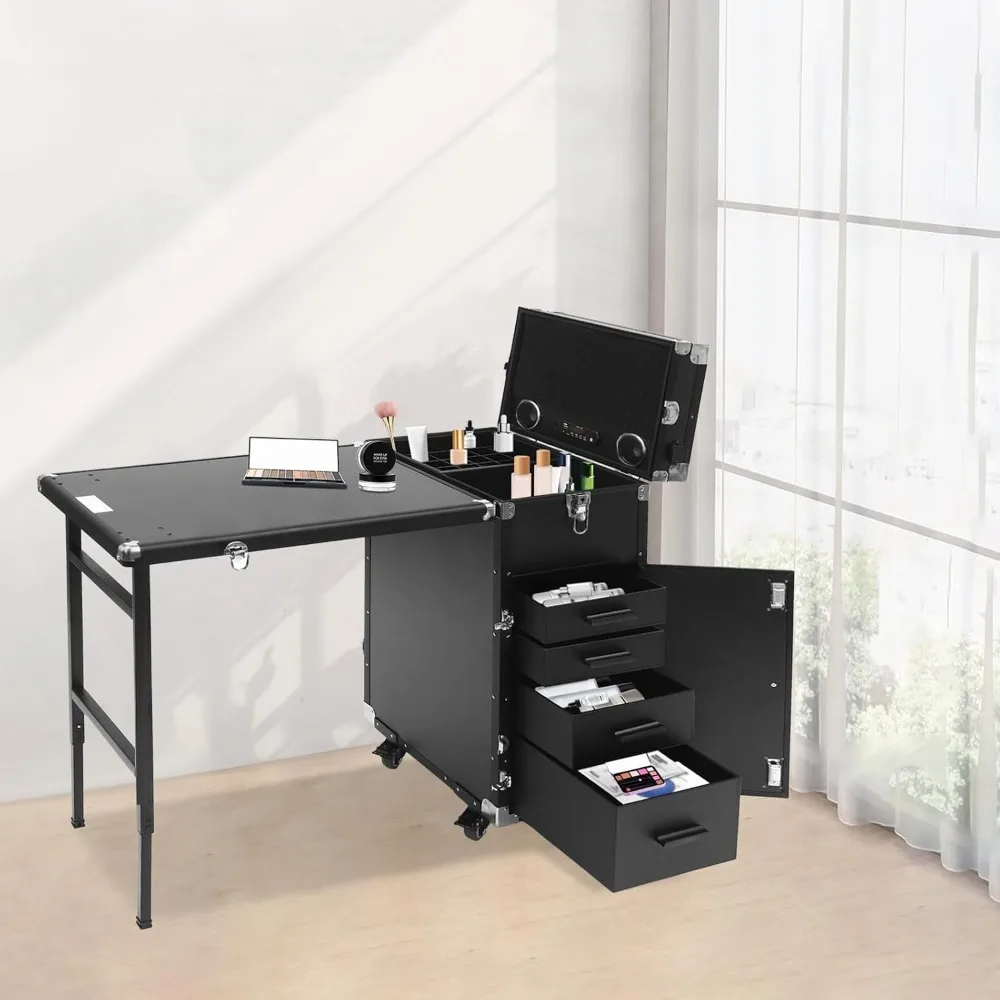 Portable Folding Nail Table with Drawers, Mirror, and Speaker for Beauty Professionals and Pet Groomers