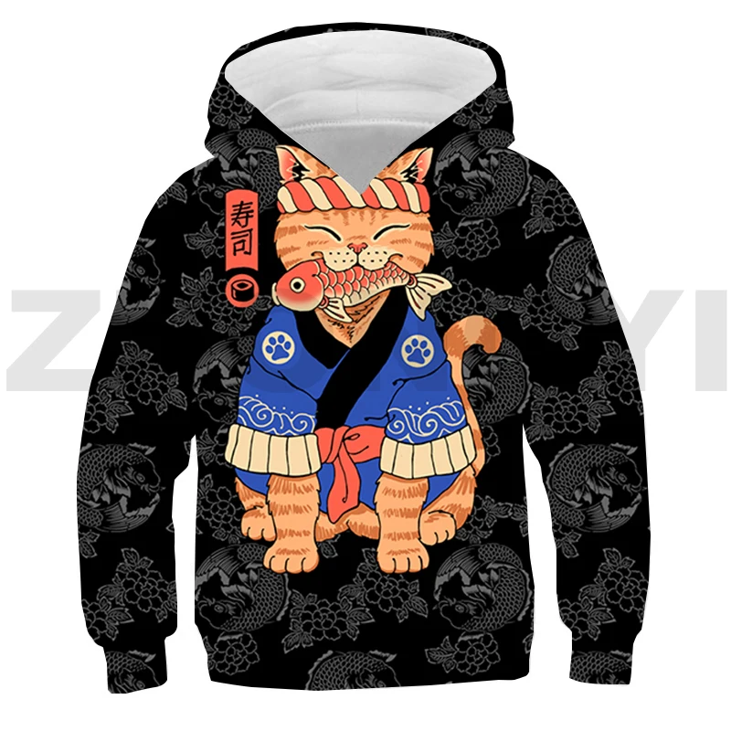 Japanese Samurai Cat Anime Hoodie Children Toddler 3D Cartoon Clothes Lounge Wear Merch Pullovers Cosplay Costume Tracksuit Men