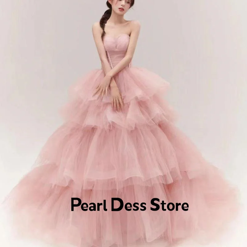 

Sweet Pink Vestidos De Quinceaneras Sexy Strapless Layered Vestido De Festa New Tulle Prom Dress, Small Tail Large