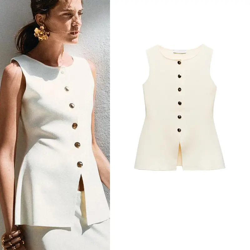 Spring New Knitted Sleeveless Top Fashion Casual round Neck Golden Button Flat Needle Vest Straight Tube Polyester Fiber Wome...